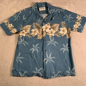 Vintage KY'S Hawaiian Shirt Mens Medium Blue Hibiscus Palm Aloha Button Made USA